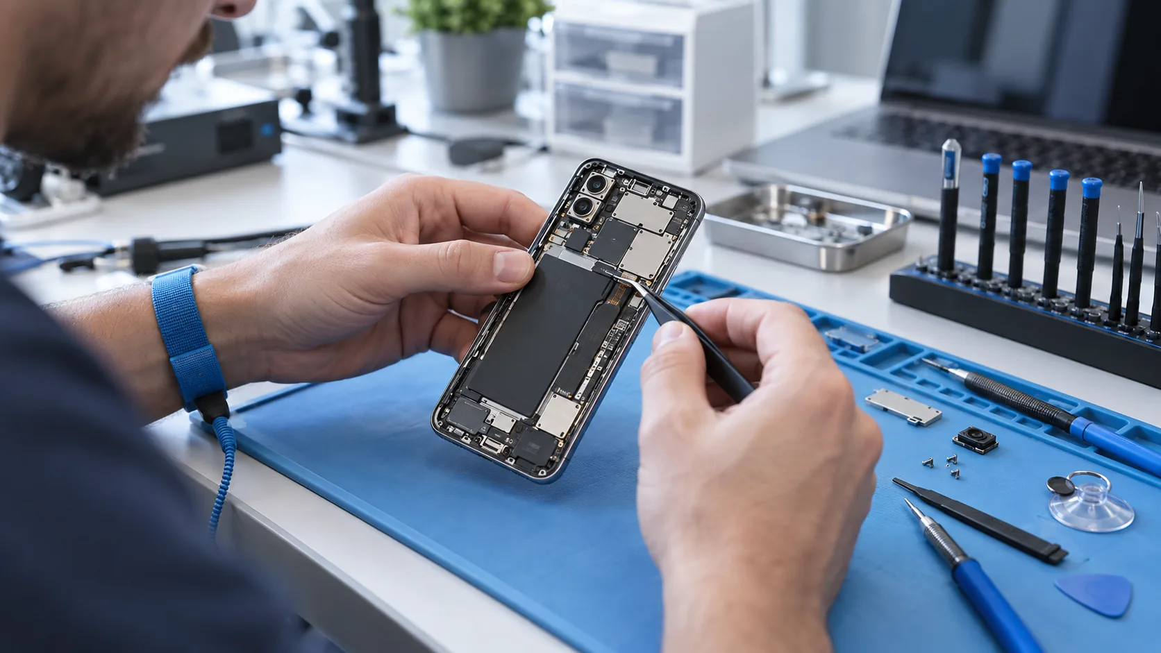 Técnico realizando diagnóstico em um celular